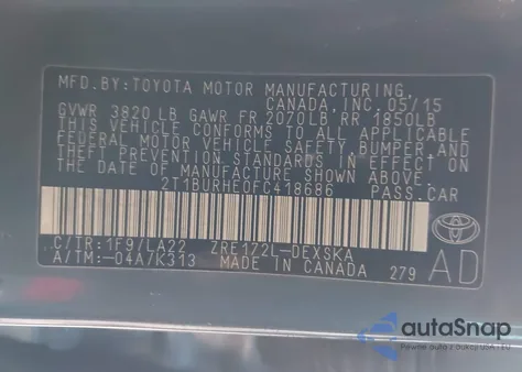 2015 Toyota Corolla S Premium z USA, uszkodzony, nr VIN 2T1BURHE0FC418686